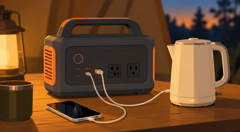 キャンプと防災で使うポータブル電源のイラスト